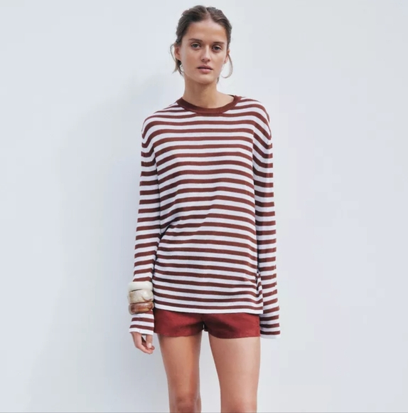 NWT Zara Rustic Knit Striped Ecru/Maroon   Women's Sweater Size Small - Picture 1 of 11